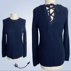 BANANA REPUBLIC Lace Back Chunky Knit Sweater Navy Blue Women's Small Laced